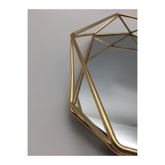 Aynalı Altıgen Prizma Gold Sunum Dekor Söz Ve Nişan Kına Tepsisi - Zarif Ve Şık Tasarım 32x32 Cm