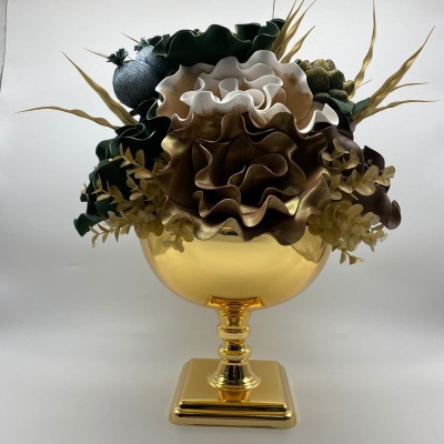 Çiçekli Kare Ayaklı Gold Dekoratif Orta Vazo, Çiçek Ve Orkide Vazosu, Çiçek Aranjmanı Kupa