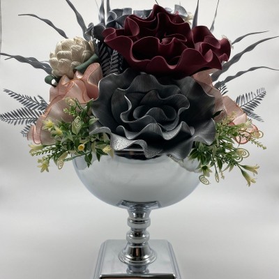 Çiçekli Kare Ayaklı Gümüş Dekoratif Orta Vazo, Çiçek Ve Orkide Vazosu, Çiçek Aranjmanı Kupa