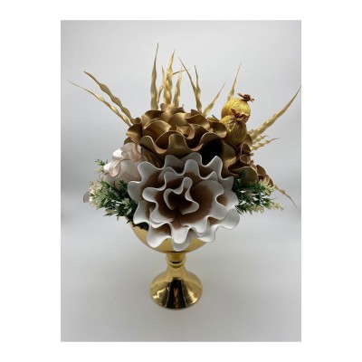 Yapay Çiçekli Gold Dekoratif Mini Kupa Orta Vazo, Çiçek Aranjmanı