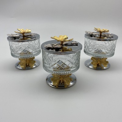 3'lü Ayaklı Gümüş Timeless Cam Magnolia Kasesi, Kelebek Kapaklı Dondurmalık, Şekerlik, Çerezlik